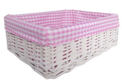 WHITE Wicker Storage Basket PINK GINGHAM Lining - 35x24x12cm high